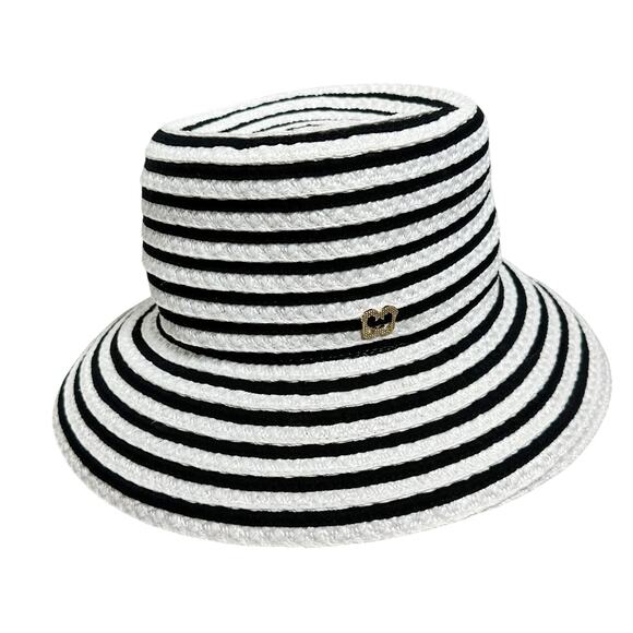 Eric Javits Braid Dame Straw Bucket Hat Black White Striped RARE PINK UPF 50+ - Picture 2 of 10